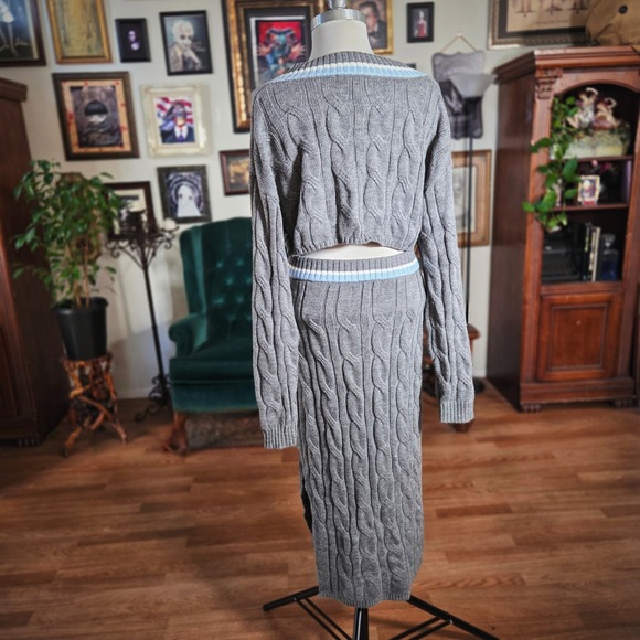 CIDER Grey Cable Knit Cropped Sweater Maxi Skirt Set Women's Size L - Picture 4 of 6